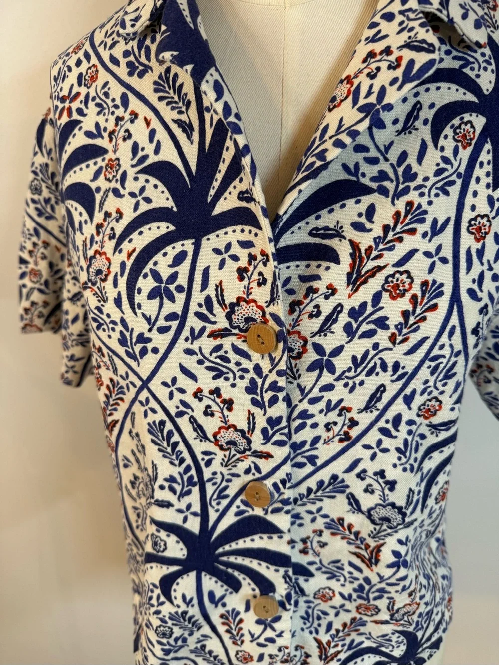 Jolie Short-Sleeve Button-Down Top in Navy, White and Rust
